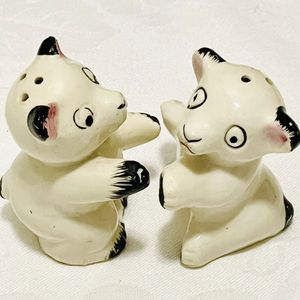 1950 Pair of Ceramic White Panda Bears Playing Salt & Pepper Shakers