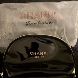 455 - Chanel Black Shiny Cosmetic Bag with Gold Hardware and CC Charm.  Brand New in Bag.