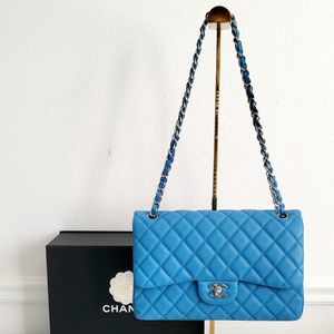 Chanel Sky Blue Quilted Caviar Leather Classic Jumbo Double Flap Bag
