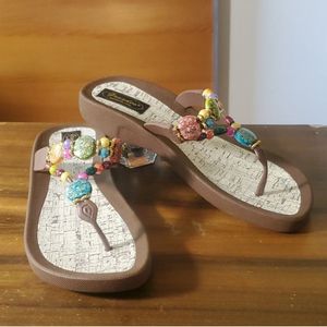 Grandco Sandals Rainbow Beaded Thong Flip Flop Brown Foam Cork heel