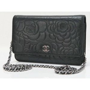 Chanel Black Camellia Pattern Leather Wallet on Chain Bag Woc