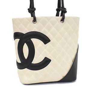 Chanel Cambon Line Medium Tote Handbag Coco Mark Calfskin Leather White x Black