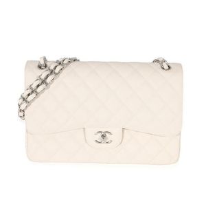 Chanel Cream White Quilted Caviar Jumbo Double Flap Bag Silver