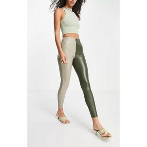 Topshop faux leather contrast zip fly legging in sage and khaki