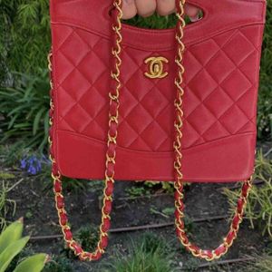 Chanel 1990 *Rare Vintage Red Lambskin Mini Rue Cambon 31 Cut Out Bag Gold Chain