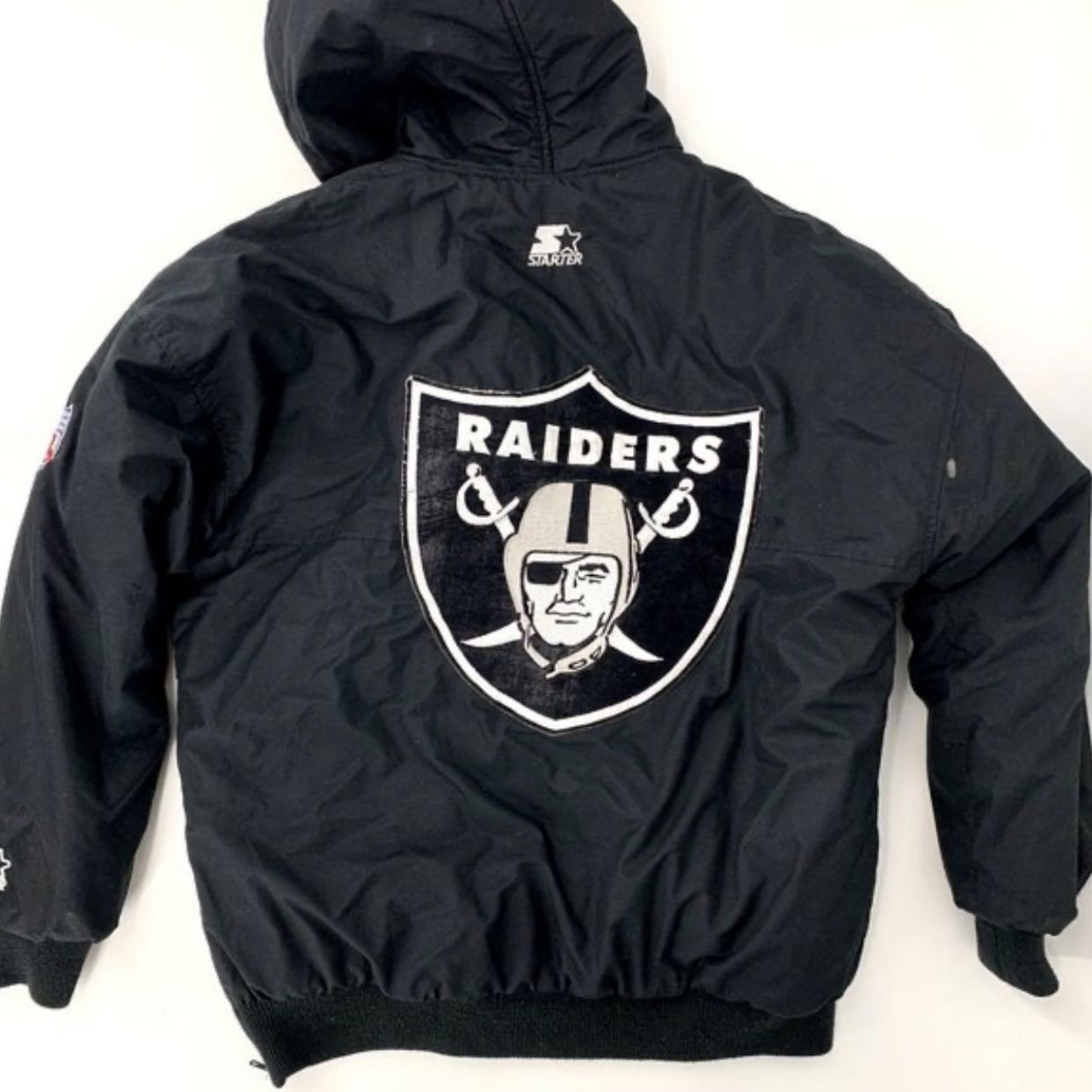 90s RAIDERS Starter ウォームアップジャケット 黒 Vintage Oakland Raiders Jacket Size Large Black Satin