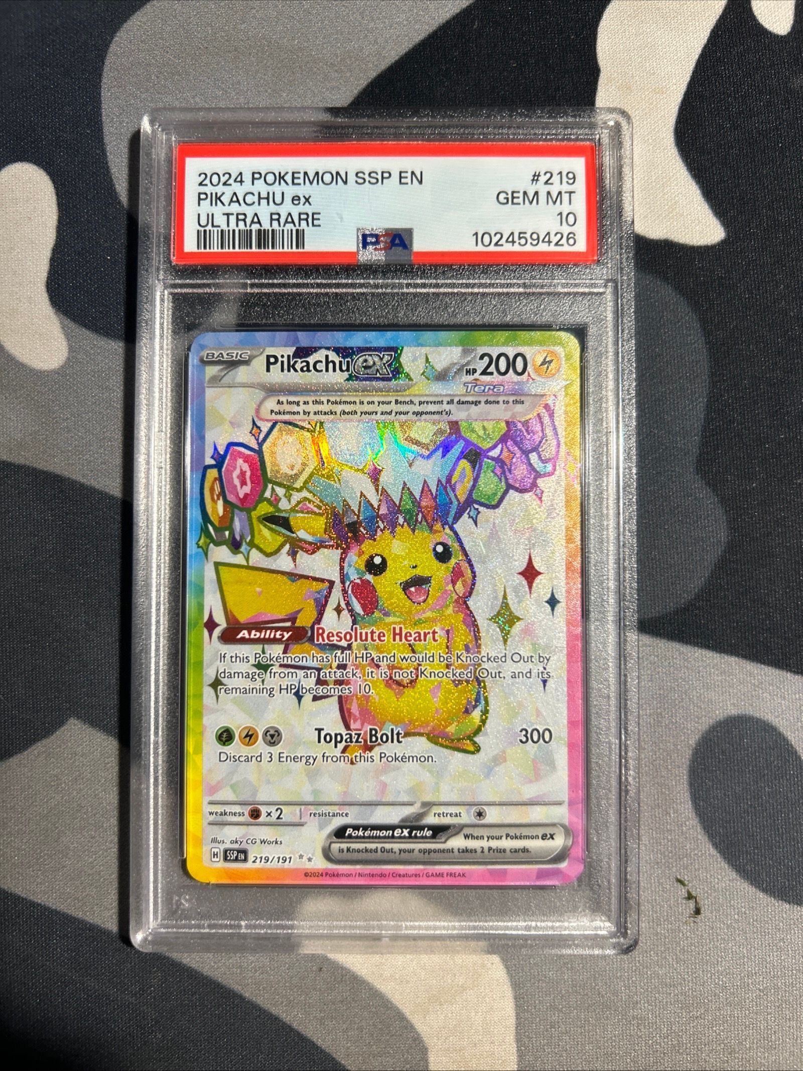 2024 Pokemon Surging Sparks #219/191 Pikachu Ex PSA 10