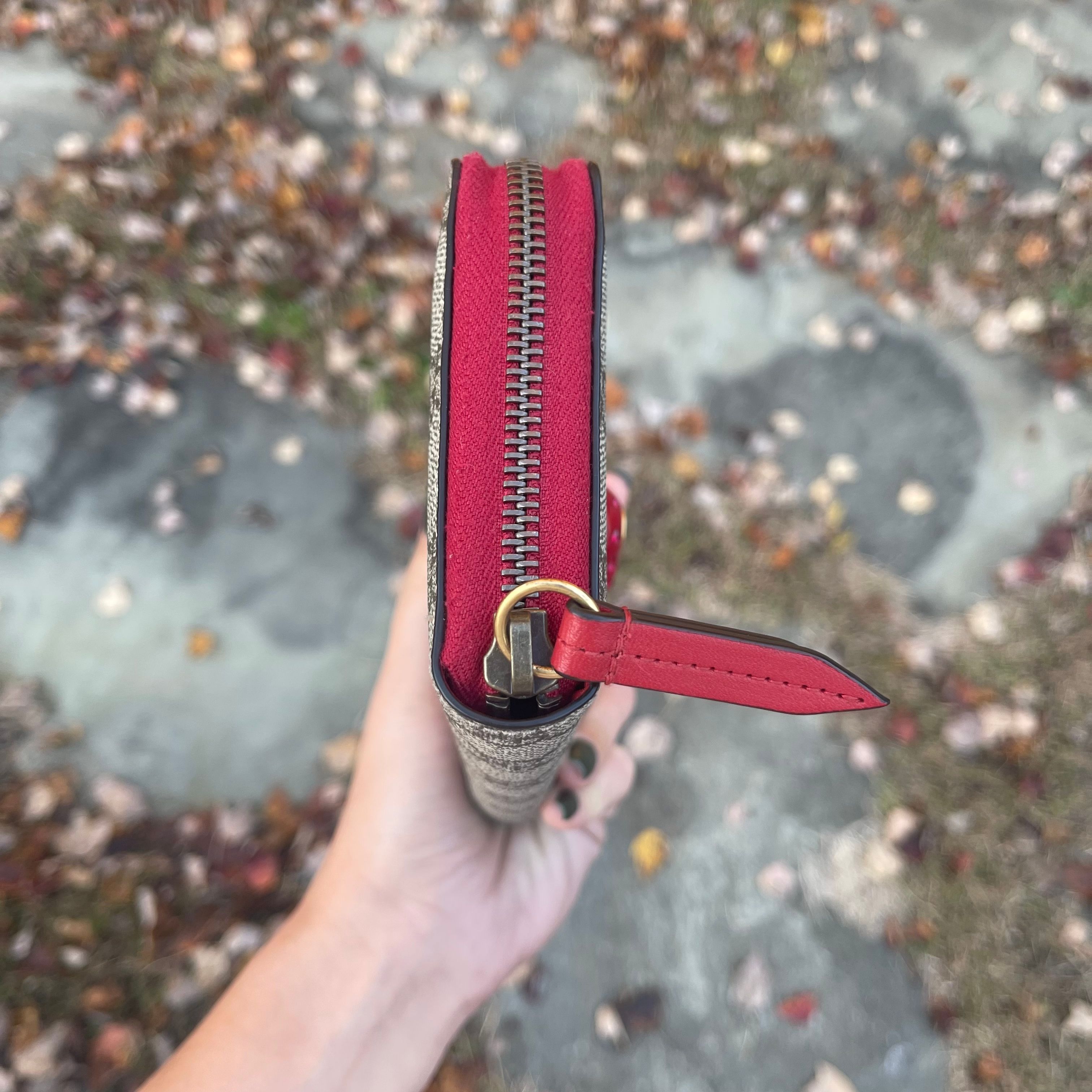72.) Gucci cherry coated canvas long zip wallet · Whatnot