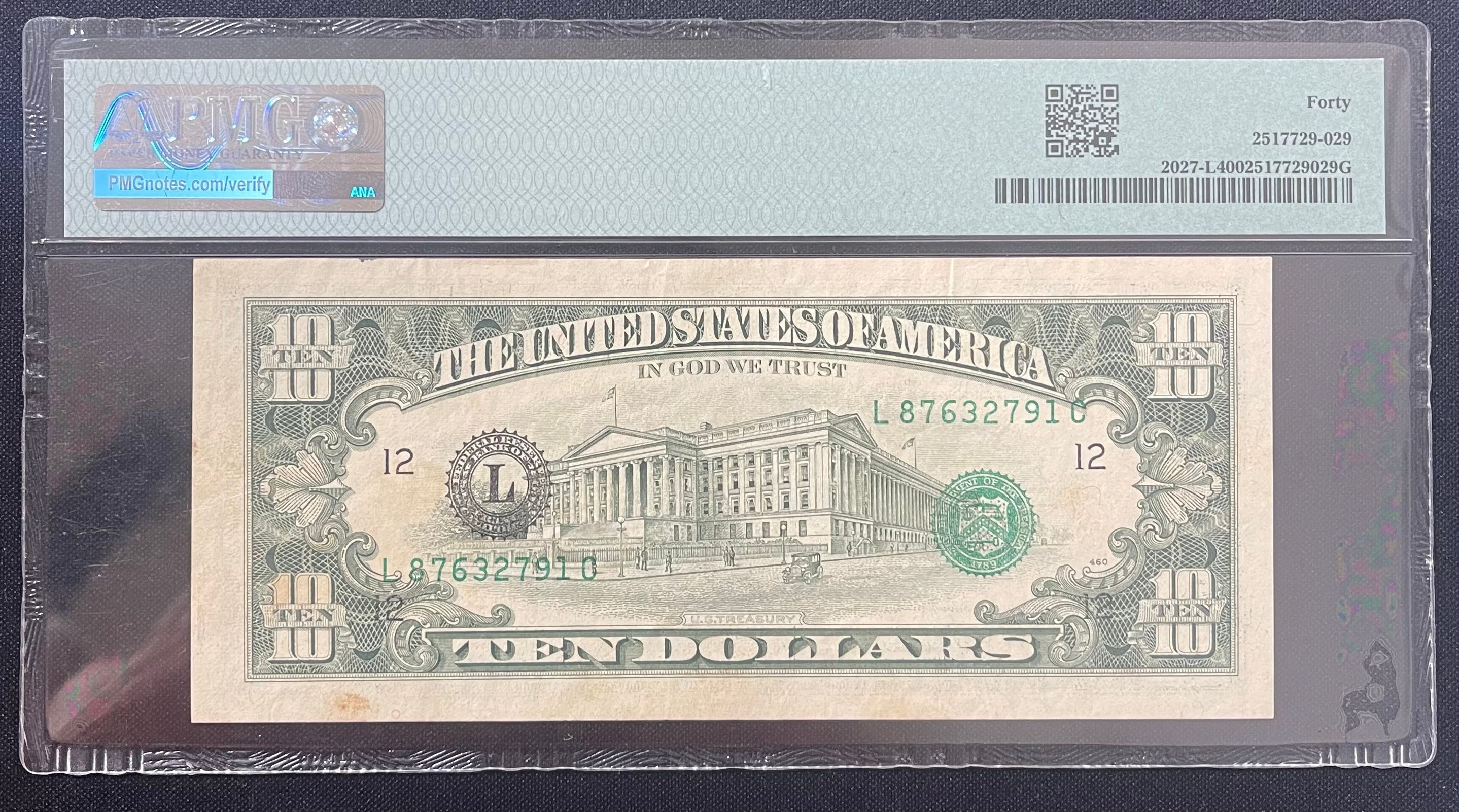 1985 $10 FRN San Francisco - 40 PPQ - PMG - Overprint on