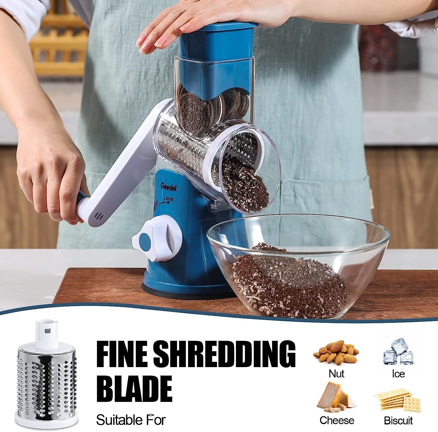 Geedel Rotary Cheese Grater Kitchen Mandoline Vegetable Slicer with 3 Interchangeable Blades Easy to Clean Rotary Grater Slicer for Fruit Vegetables