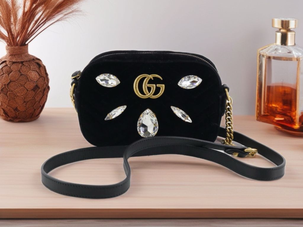 Gucci GG Mini Marmont Black Velvet Matelasse & Crystal