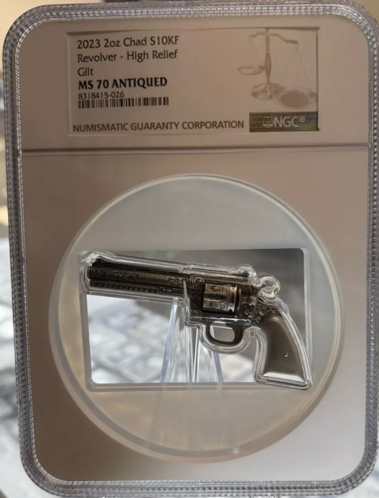 2023 Chad 2 oz Silver Revolver Gun Shaped Antiqued High