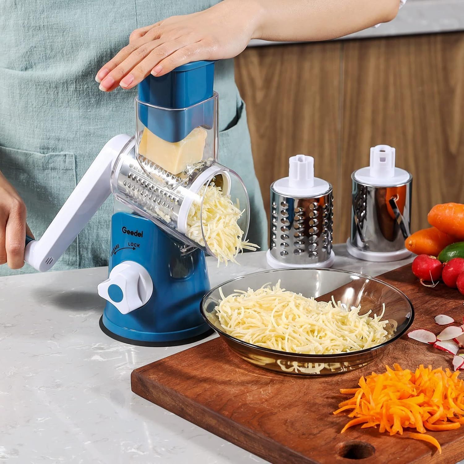 Geedel Rotary Cheese Grater Kitchen Mandoline Vegetable Slicer with 3 Interchangeable Blades Easy to Clean Rotary Grater Slicer for Fruit Vegetables