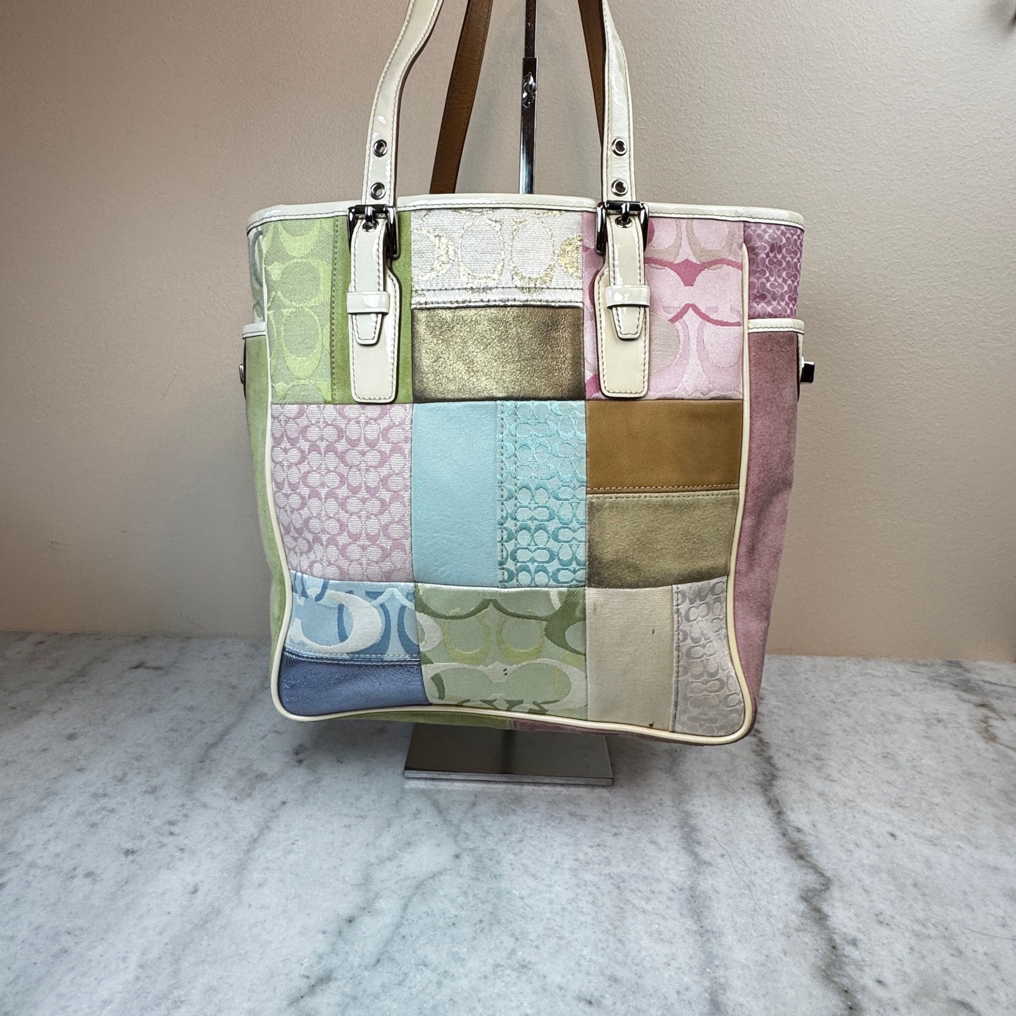 C117 Coach pastel patchwork turnlocks suede tote · Whatnot: Shop
