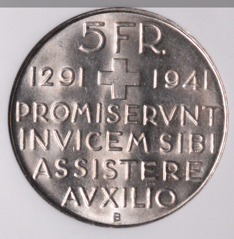 1941-B Switzerland 5 Francs Confederation Anniversay NGC MS66