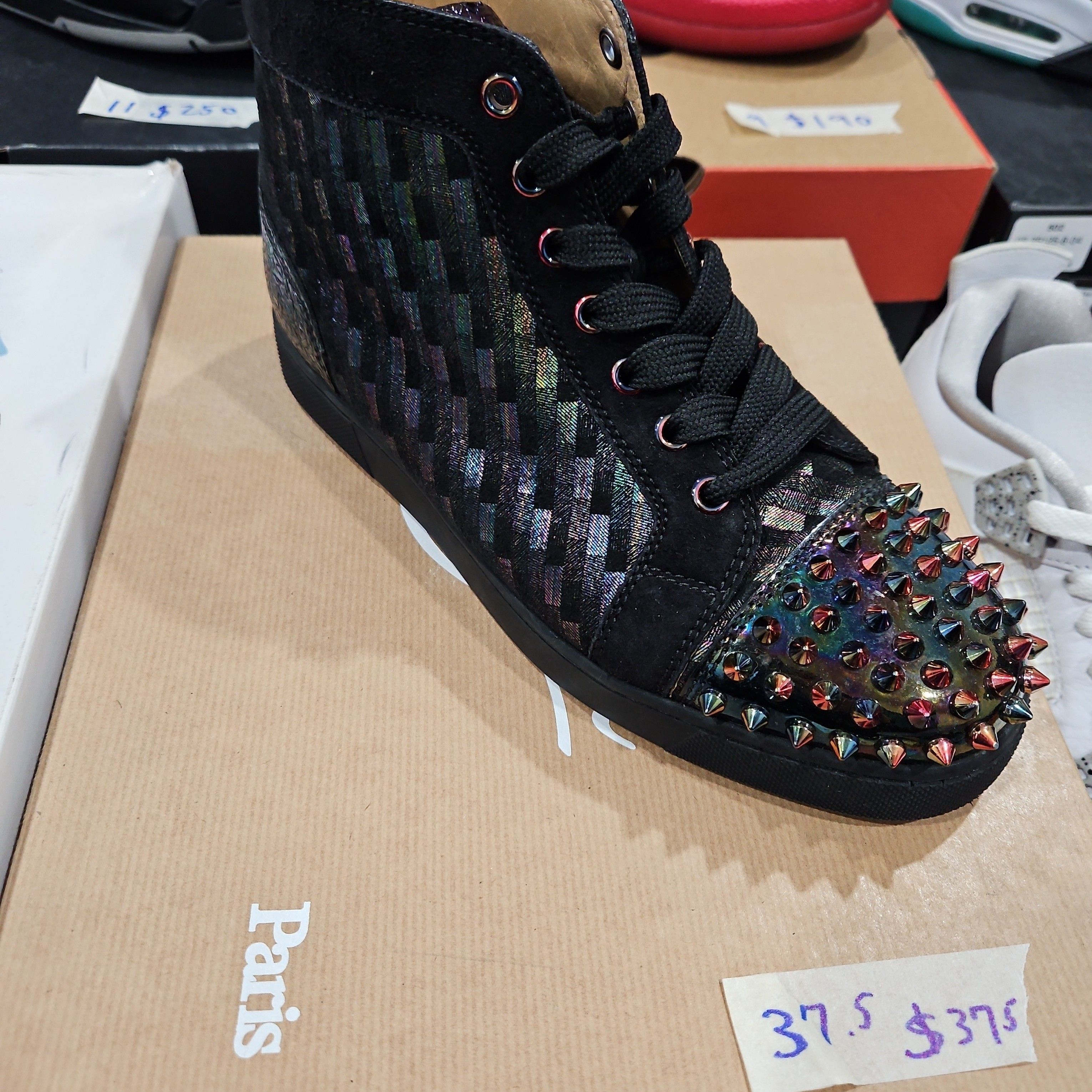 ♡状態がとっても良いです。Christian Louboutin37.5♡ CHRISTIAN LOUBOUTIN Fabric Sakouette Face Spikes Polka Dot