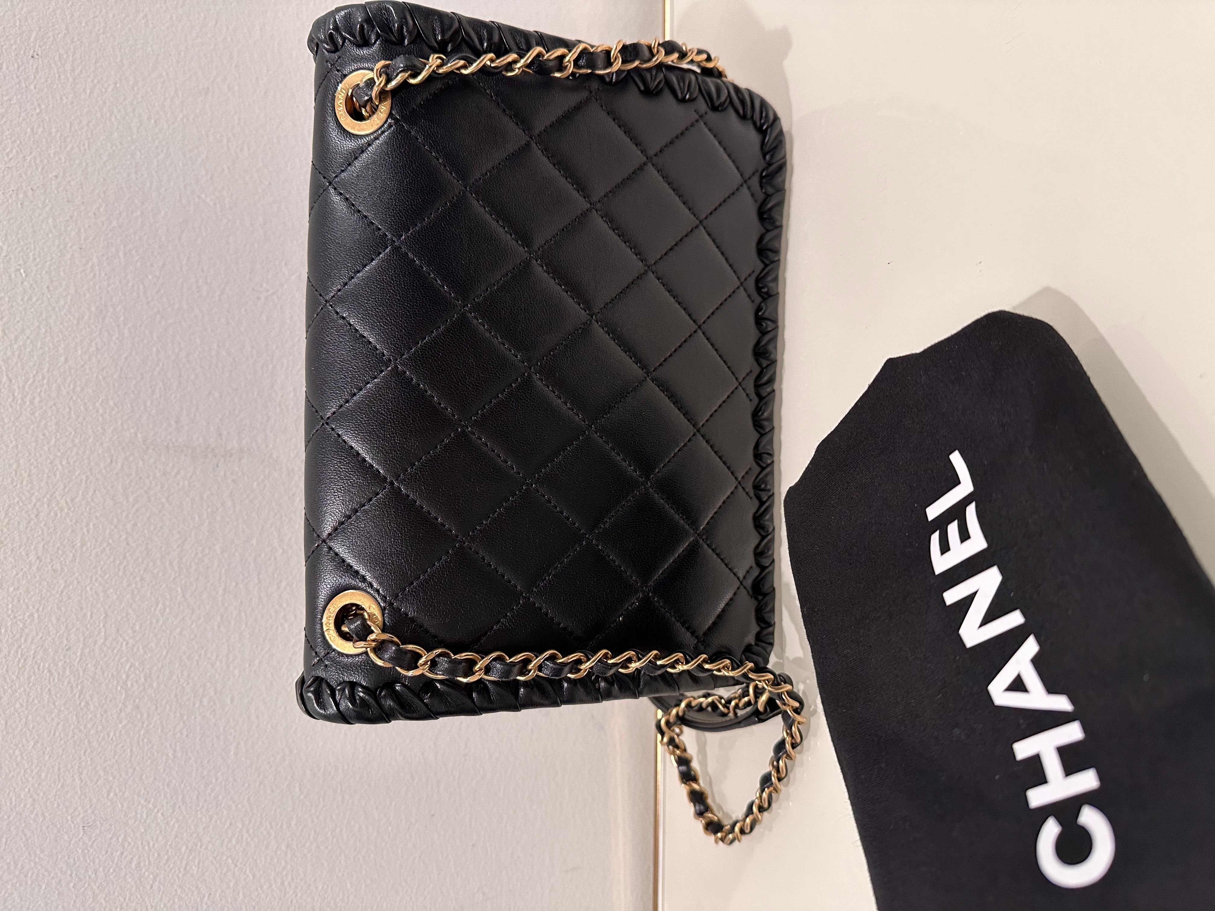 Chanel Black Quilted Square Flap Bag W/ Woven Leather Trim