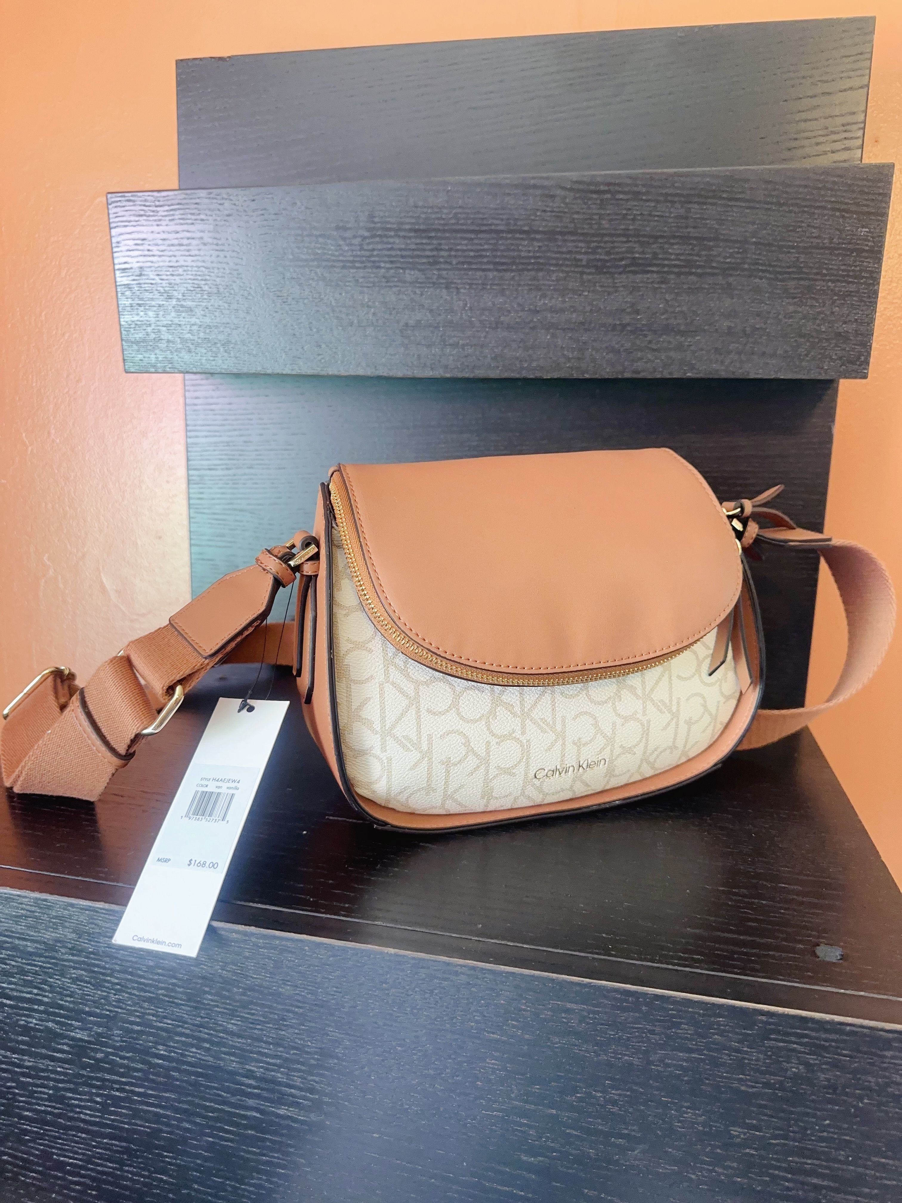 Calvin Klein unique flap camera bag brown vanilla wide soft
