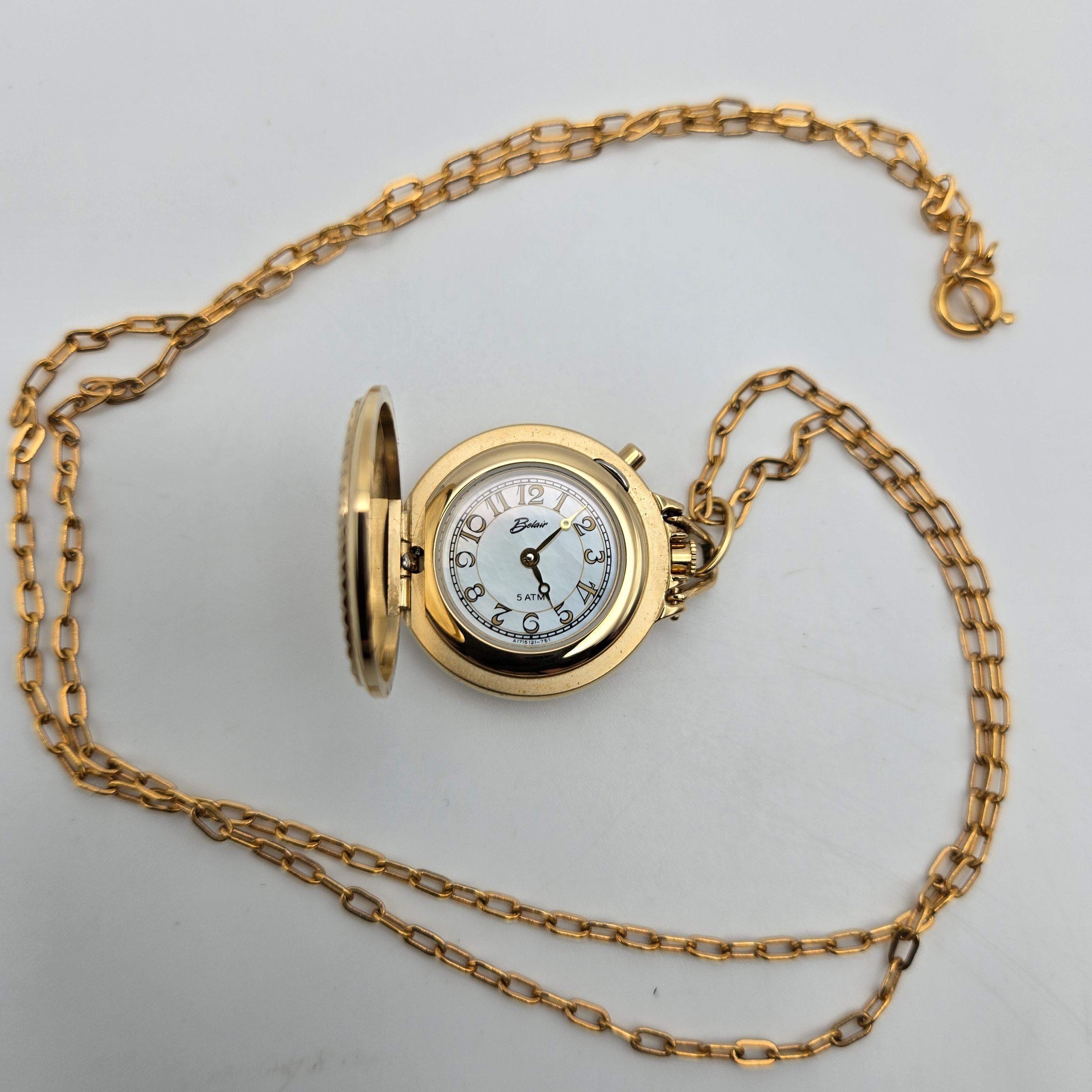 Belair Pocket Watch Pendant Necklace Goldtone Vintage USA Swiss