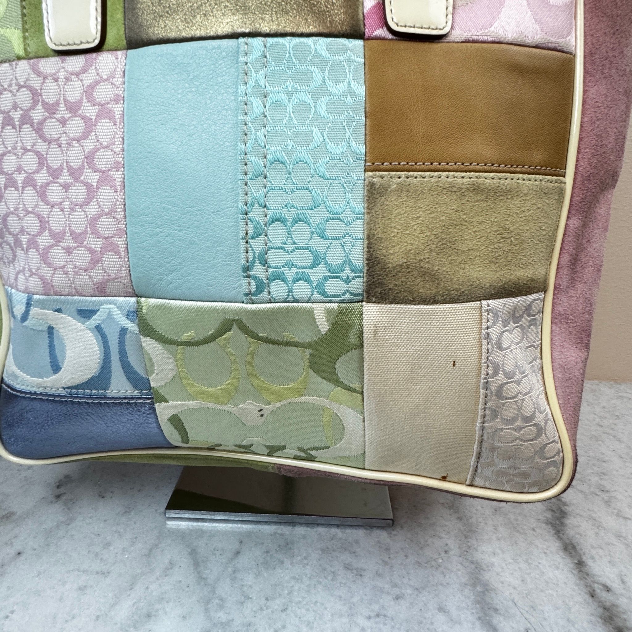 C117 Coach pastel patchwork turnlocks suede tote · Whatnot: Shop
