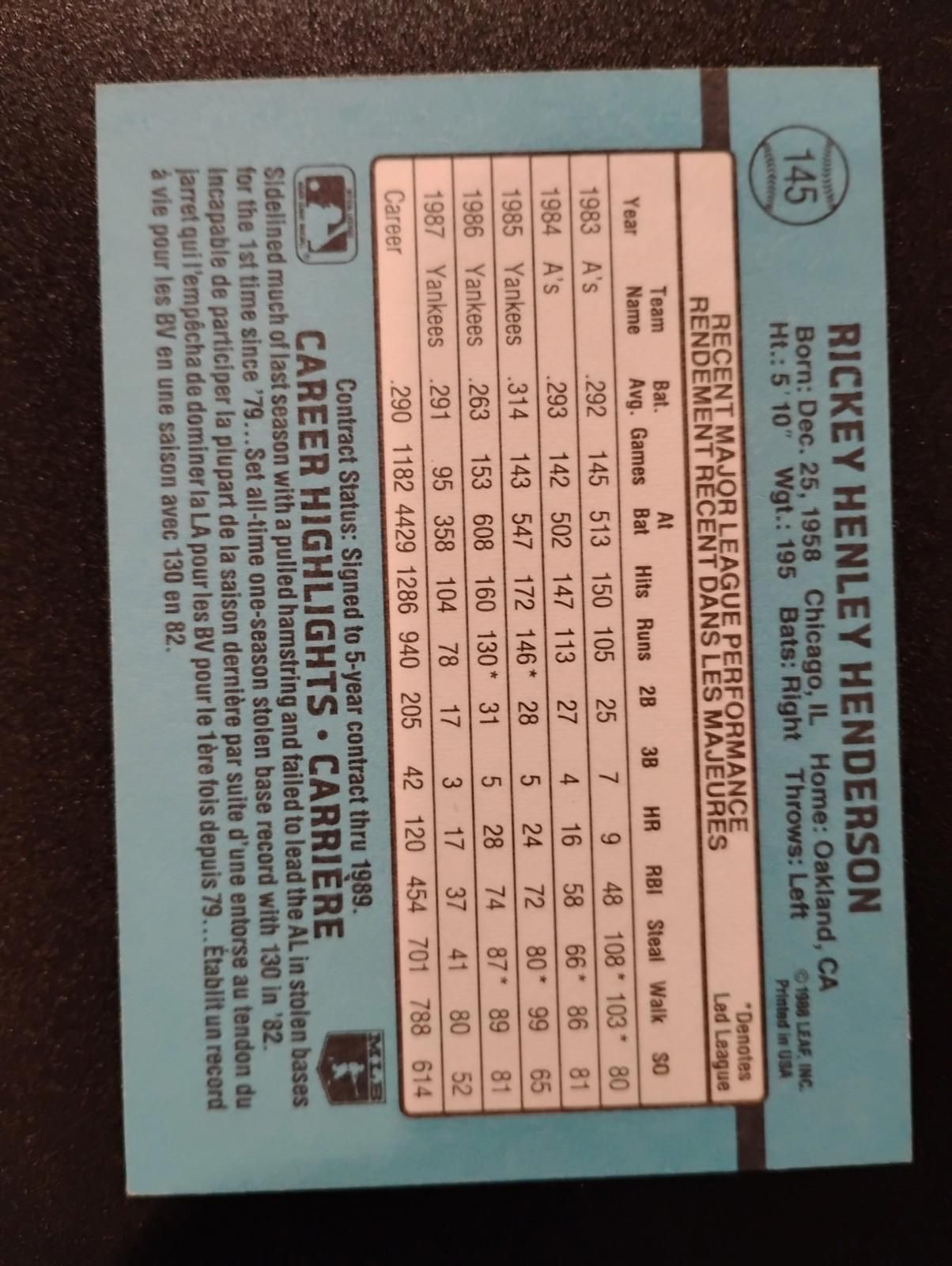 1988 Leaf #145 Rickey Henderson - New York Yankees - HOF - NmMt
