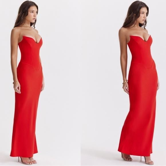 HOUSE OF CB 'Tamara' Cherry Red Strapless Corset Maxi Dress NWOT