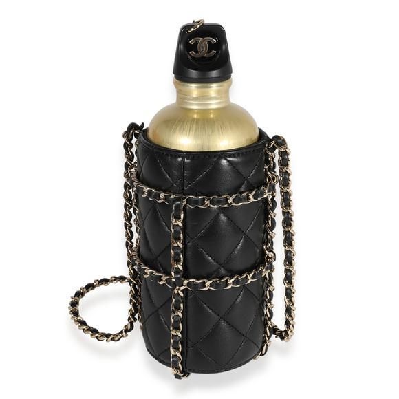 Chanel Water Bottle in Box Black/Gold in Lambskin/Aluminum with