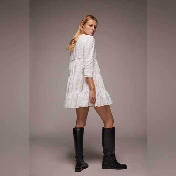 Zara The Sharon Tiered Mini Dress White Textured 3/4 Sleeve