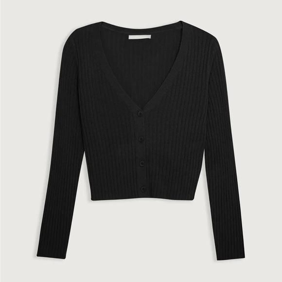 ✨ Oak + Fort Black Ribbed Long Sleeve Knit Cardigan Sweater