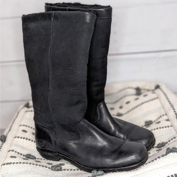 UGG Brookfield Sherpa Lined Tall Boots Black Leather Suede Women s Size 8 Whatnot Buy Sell Go Live