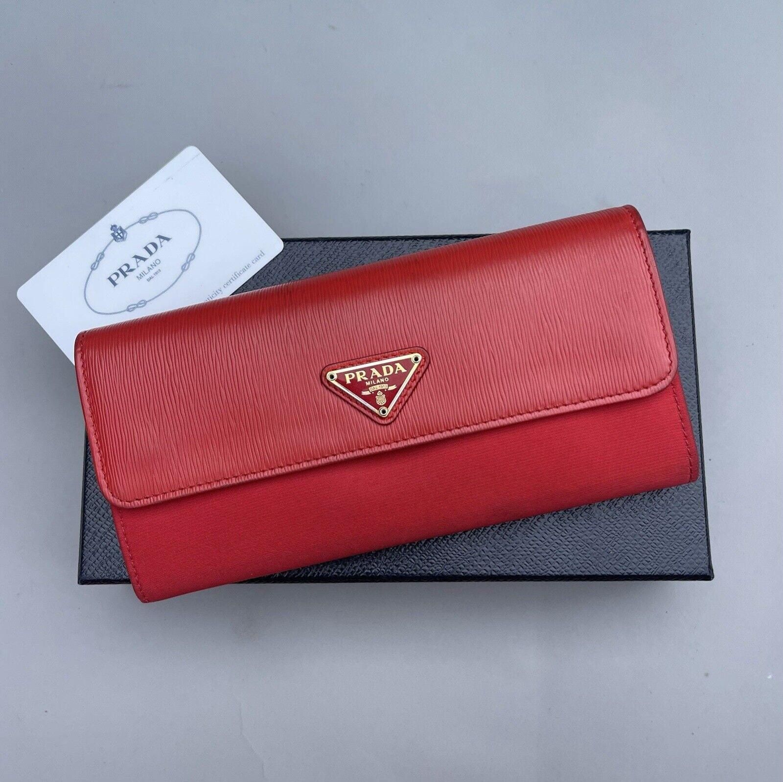 Prada Red Nylon And Leather Triangle Logo Long Wallet Complete Set