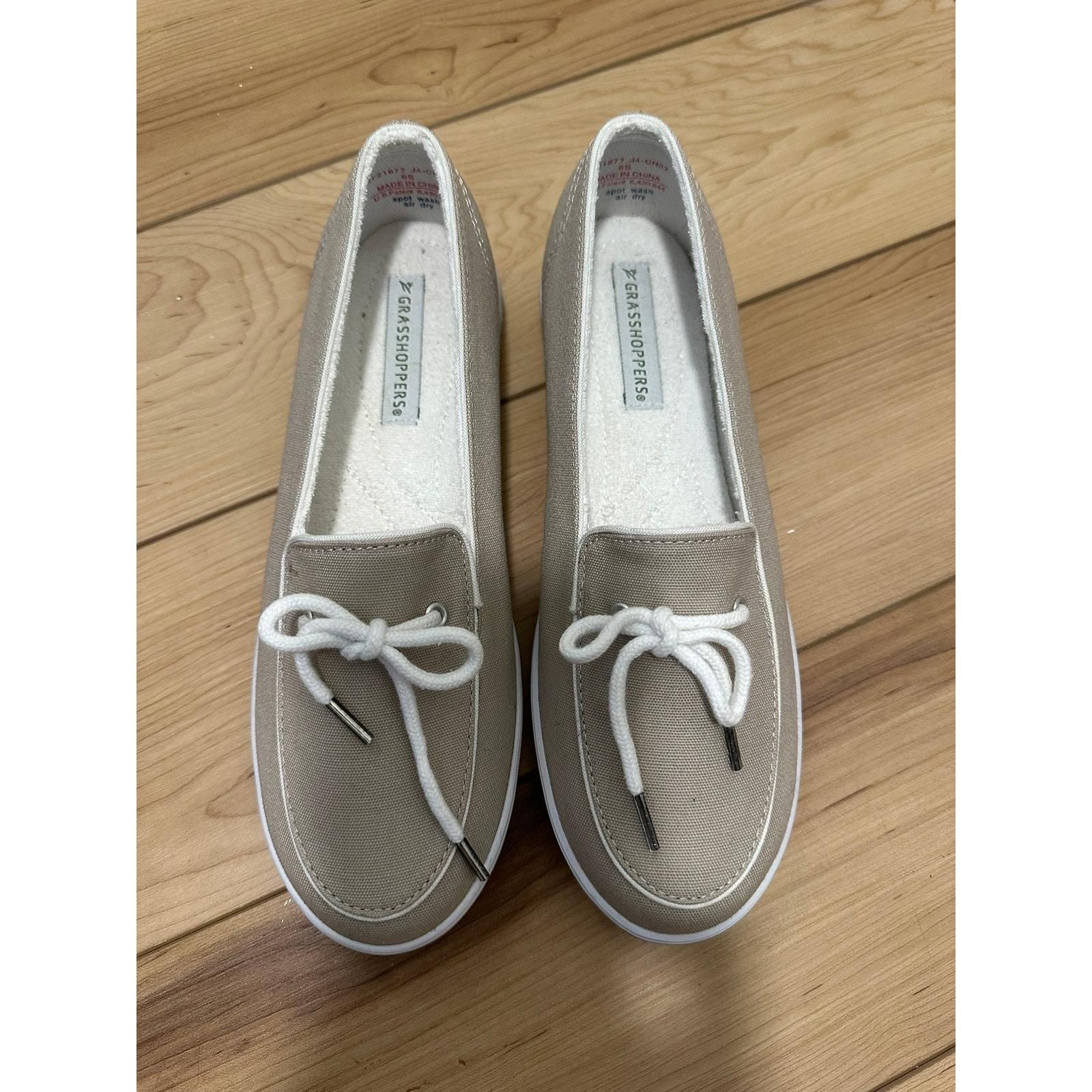 Grasshoppers Shoes Womens 6S Beige Canvas Slip Ons Flats Casual Comfort Deck Whatnot Buy Sell Go Live