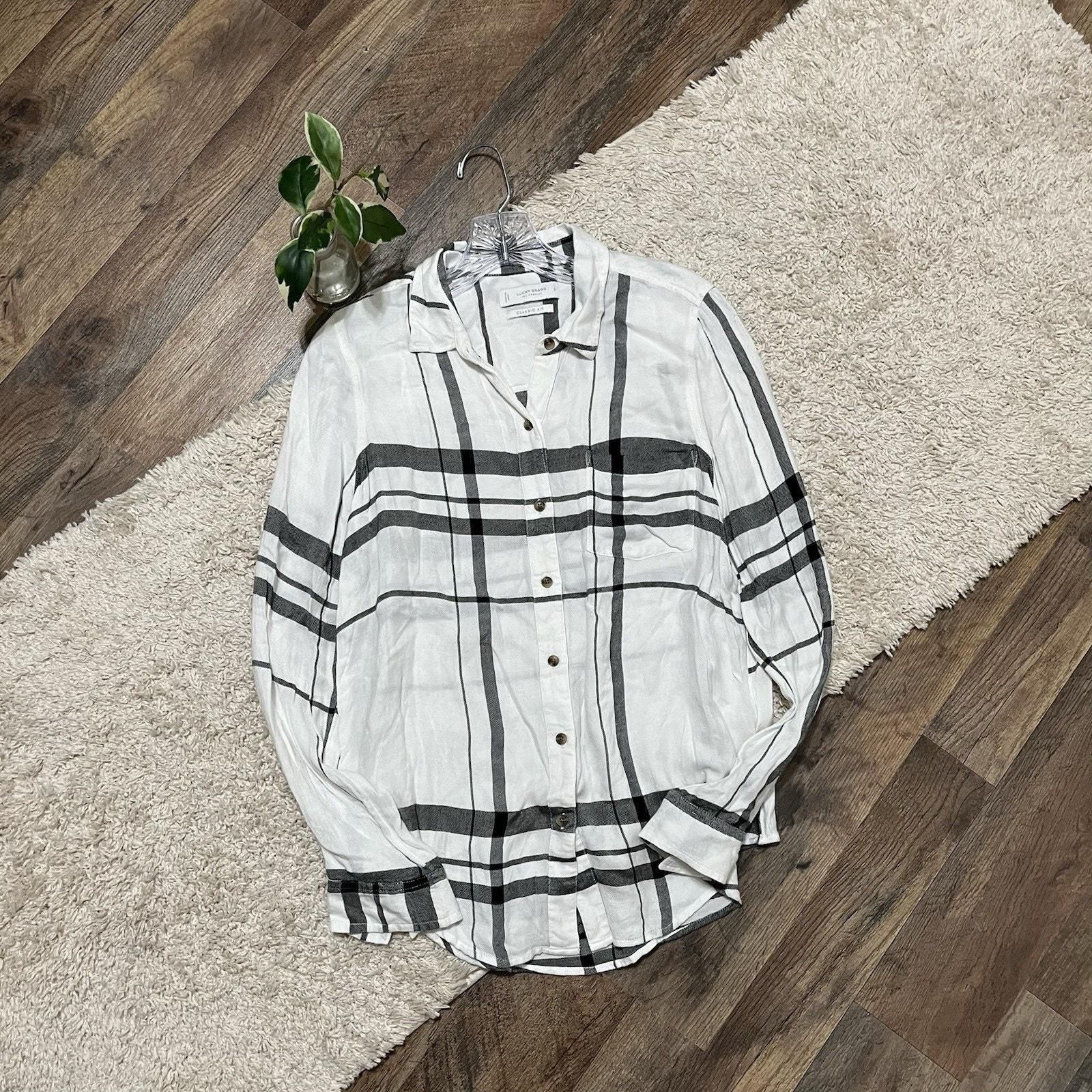 Lucky Brand Size Small White Black Plaid Button Down Classic