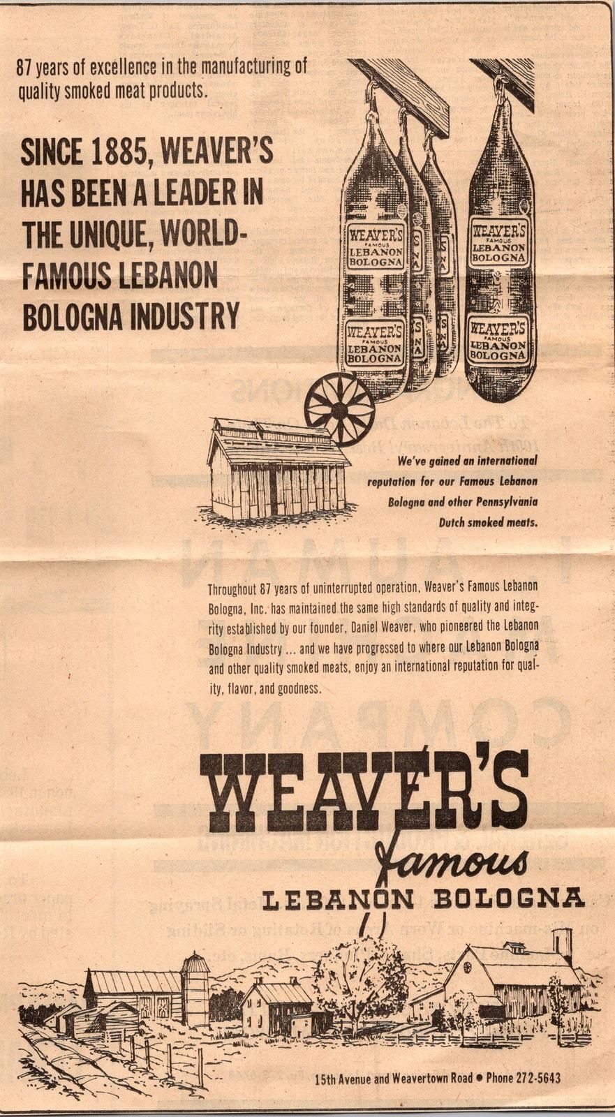 Weaver's Famous Lebanon Bologna Inc Since 1885 1972 Lebanon PA Clipping  SAH4-9 - pre-owned---good · Whatnot: Shop, Sell, Connect, image size:881x1600