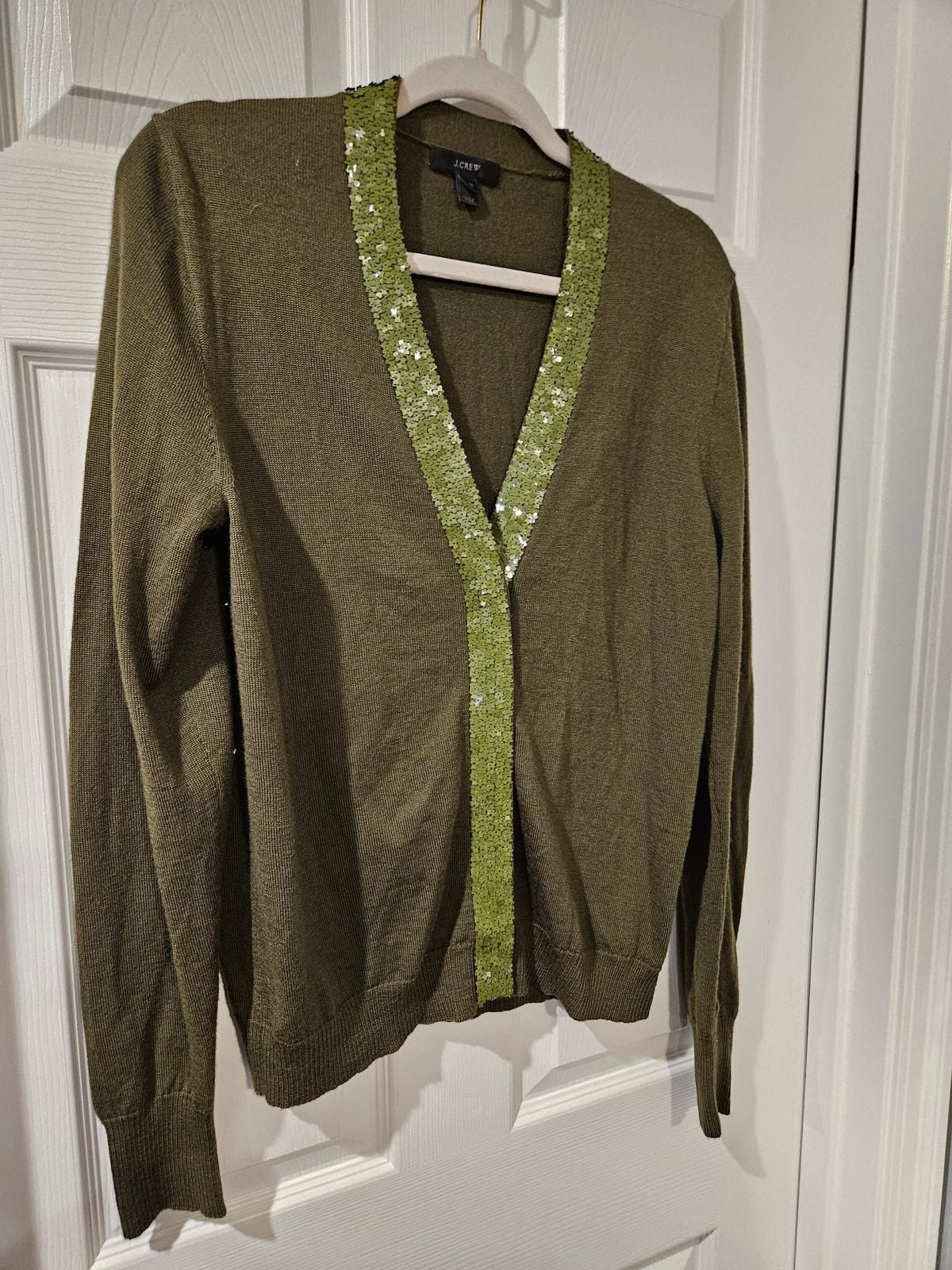 Harlow Sequin Placket Cardigan Green Wool Sweater Medium