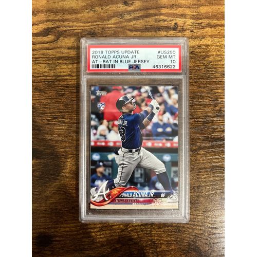 RONALD ACUNA JR 2018 TOPPS UPDATE AT BAT BLUE JERSEY RC #US250 PSA 10 GEM  MINT:^