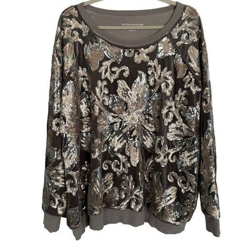 Soft Surroundings Floral Sequin Velvet Plus Size 2X Pullover Grey Bling ...