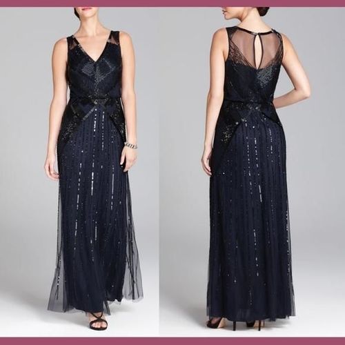 NWT Aidan Mattox V Neck Blouson Beaded Gown in Navy Blue Black SZ