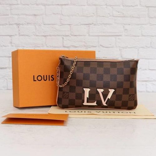 Louis Vuitton Double Zip Pochette Damier Ebene Crossbody Purse Chain Clutch  Bag