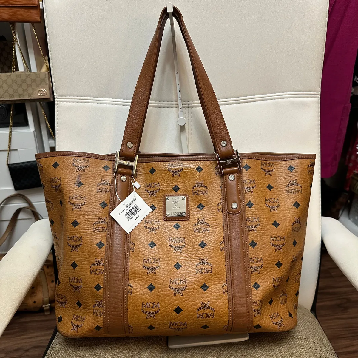 Tote Bag Visetos Meaning Authentic MCM Cognac Visetos Tote Bag