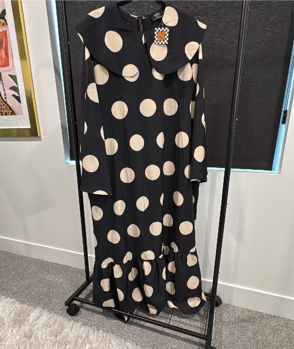lala flowy Black and Beige Polka Dot Dress with Large Collar Size S   Whatnot: Shop, Sell, Connect