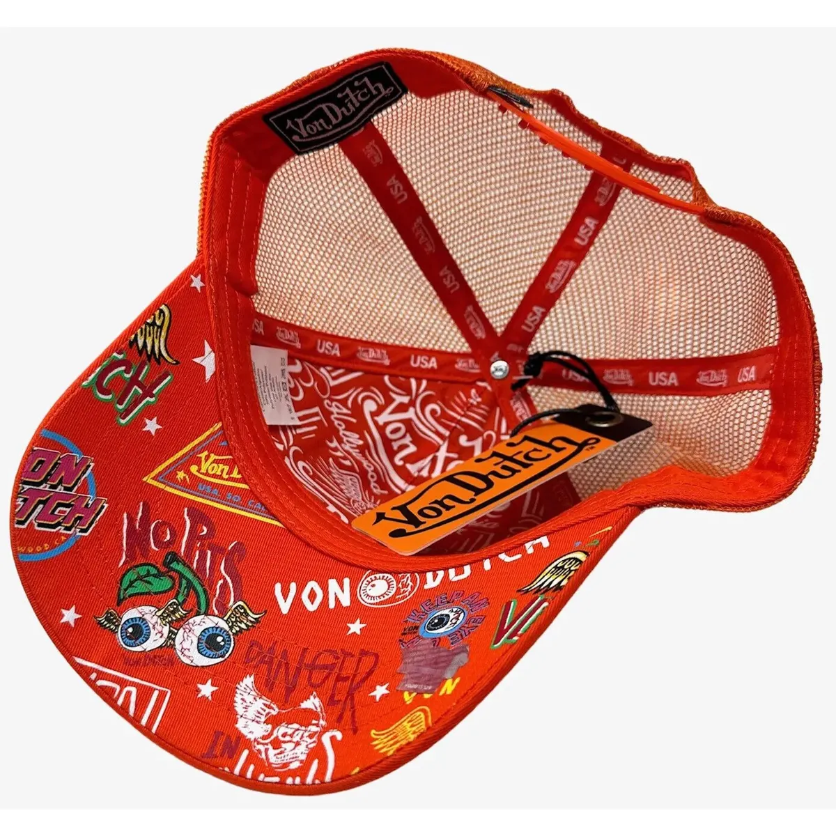$60 MSRP Von Dutch Orange Jax Eye Allover Print Trucker Hat