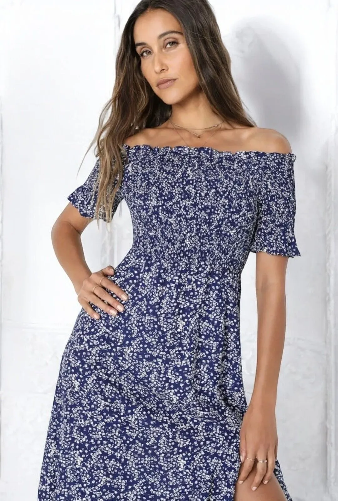 Lulus Blue White Floral Lightweight Flowy Womens Off Shoulder Maxi Dress  NEW XS  Whatnot: Shop, Sell, Connect