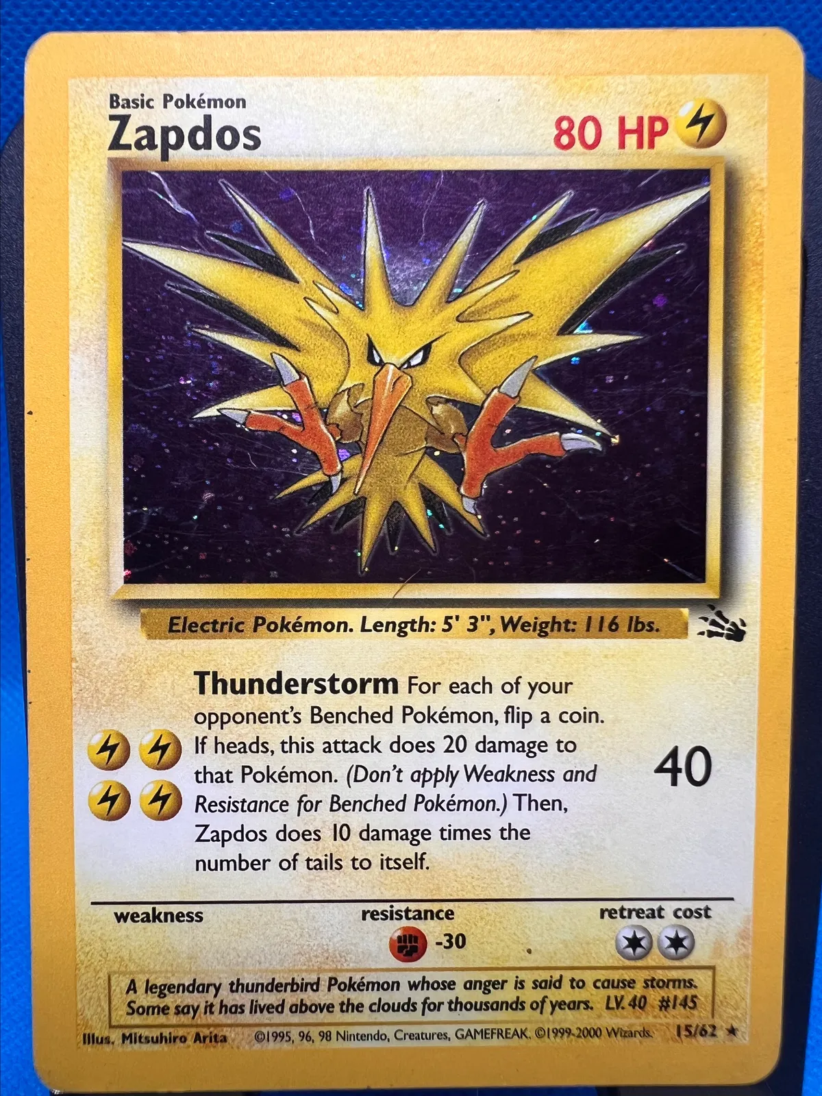 zapdos pokemon card 1st edition PSA 9 MINT Lightning Thunderbolt (100) Discard all Energy cards attached to Zapdos in order to use this attack. Zapdos Value Zapdos 30/62 Fossil