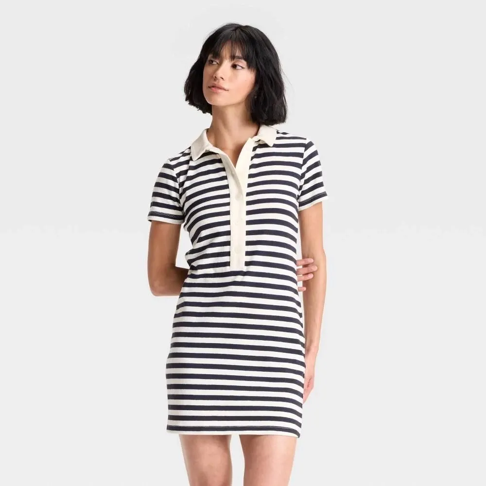 Women's Short Sleeve Knit Mini Shirtdress - Universal Thread Blue Striped M