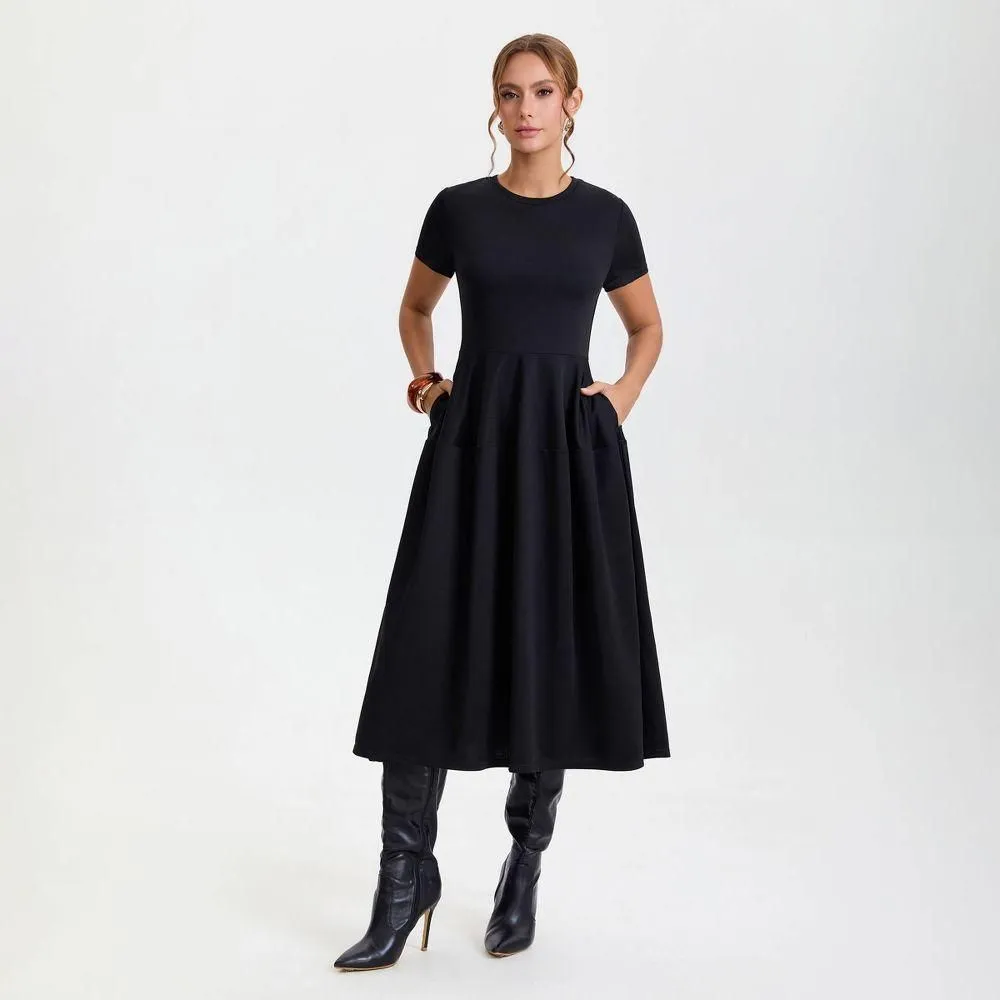a-line dress black xl Women's Gathered Waist Midi A-Line Dress