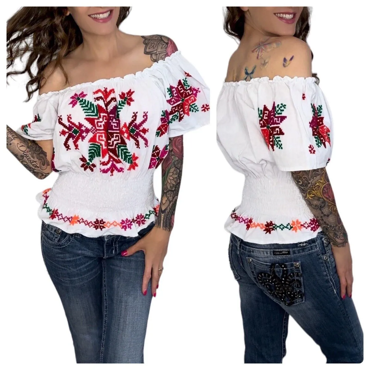 Mexican Embroidered Peasant Blouse Floral Ethnic Authentic White ...