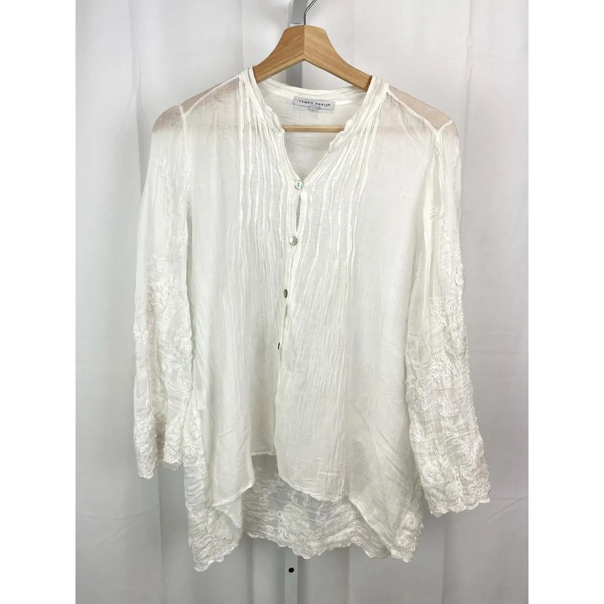 TEMPO Paris Silk Cotton Embroidered Blouse Pleated Button Up Shirt ...