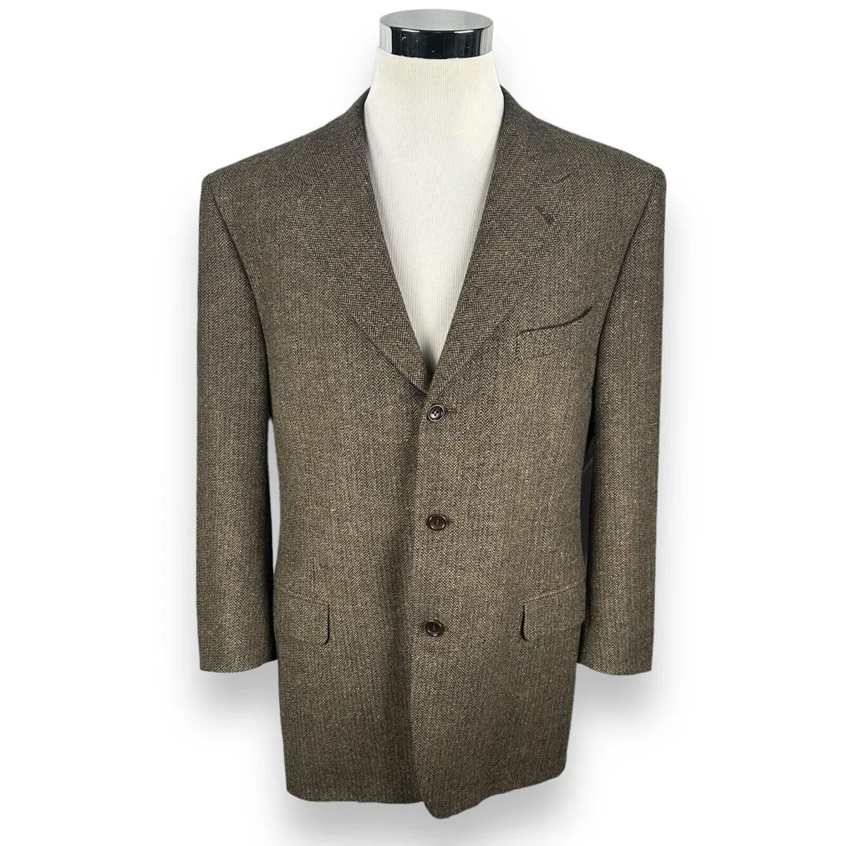 Canali Blazer Jacket Men 44R Brown Herringbone Tweed Single Breasted ...