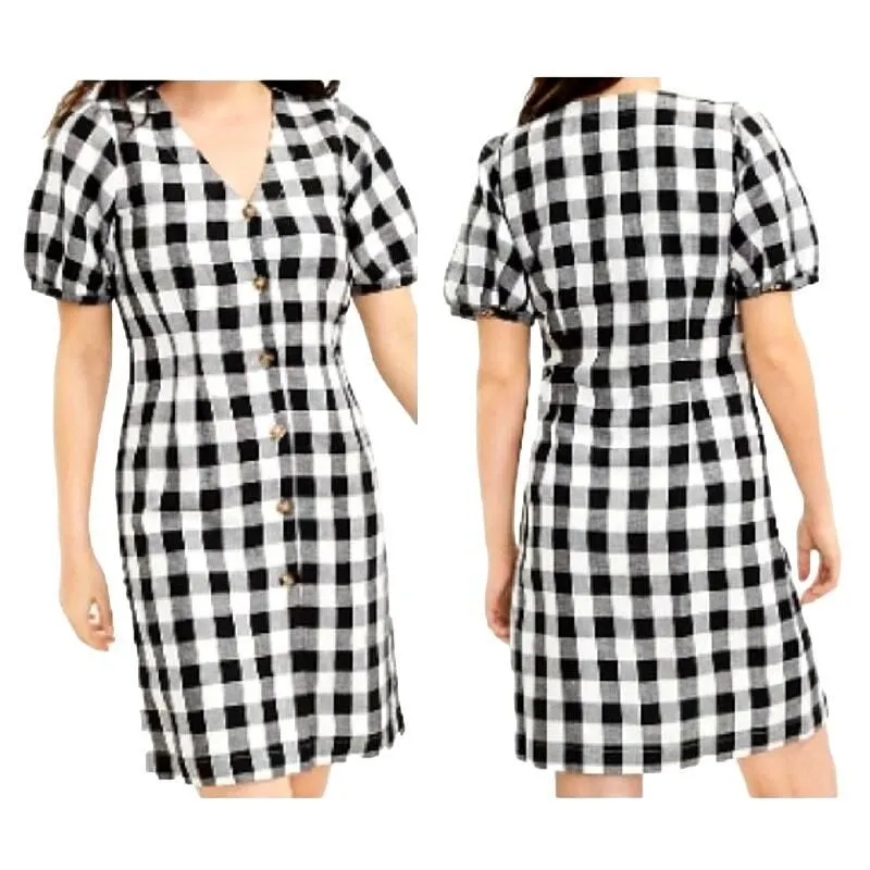 Ann Taylor LOFT Gingham Button V-Neck Linen Dress Black White - Sz 10 -  NWOT  Whatnot: Shop, Sell, Connect
